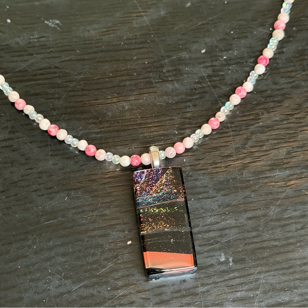 Handmade Necklace Silver Tone Glass Pendant Womens Holiday Gift - Picture 2 of 6